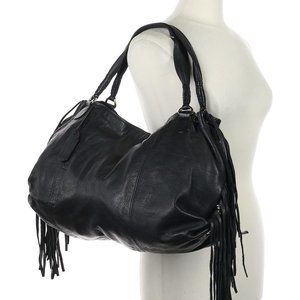 Zina Eva Black Leather Fringed Hobo Bag